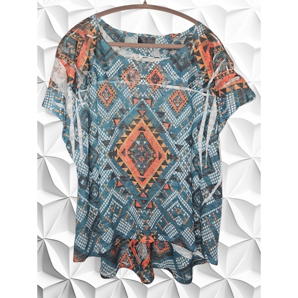Truly U Southwestern Geometric Sheer Mesh Tunic Top 3X